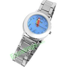 Blue Cute Round Dial Watchcase Girl Lady Metal Band Quartz Watch