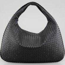 Bottega Veneta Large Studded Veneta Woven Hobo Bag, Black