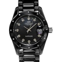 Brand New ONISS Swiss Movement Diamond Ceramic Ladies Date Watch - black