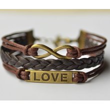 Brass Infinity & Love Charm Leather Bracelet, Brown, Vintage bracelet, Gift, Blessing Bracelet