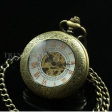 Brass Transparent Case White Roman Dial Hand Winding Mechanism Pocket Watch