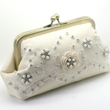 Bridal clutch bag, champagne silk bag, lace beaded wedding clutch, pearl and rhinestone silk embroidered bag