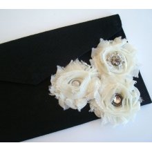 Bridesmaid Clutch Dramatic Ivory Fabric Roses with Rhinestones on Black- MADE TO ORDER - Wedding, Bridesmaid Clutch, Formal