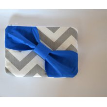 Bridesmaid Clutch Pouch Cosmetic Case MakeUp Bag Accessory Pouch Zippered Grey& White Chevron with Royal Blue Diagonal Bow