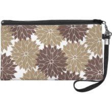 Brown and Tan Flower Blossoms Floral Print Wristlet Clutch