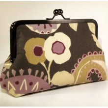 Brown Cotton Clutch with Lavender and Khaki Abstract Floral and Paisley Pattern