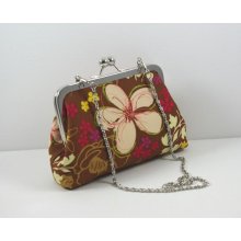 Brown Floral Cotton Clutch with Chain