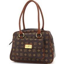 Brown Signature Pattern Faux Leather Push Lock Satchel Handbag For Sale Spring