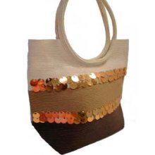 Brown Tan & Beige Sequin Trim Beach Bag Purse Handbag (HB00403)