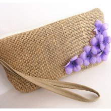 Burlap wristlet burlap clutch bridal cluth bridesmaid clutch- Purple flowers.