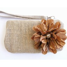 Burlap wristlet burlap clutch bridal clutch bridesmaid clutch-Bronze flower .