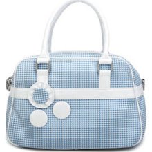 Button-Detail Houndstooth Satchel Light Blue - One Size