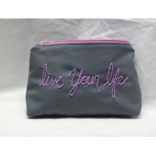 Charcoal Gray Zippered Cosmetic Bag Pouch with Hand Embroidery inspirational quote.