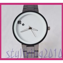 Charm White Dial Blank Black Stainless Steel Strap Lady Women Quartz Wrist Watch