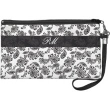 Chic Black Paisley on White Wristlet Clutches