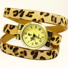 Chic Womens Roma Number Dial Leopard Leather Band Light Coffee Quartz Watches