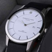 Christin Lars Diamond Mens White Dial Black Leather Strap Watch - Bnib