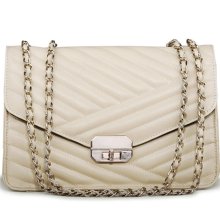 Classic Quilted Cream Leather Shoulder Bag. Chic Chain Handbag. Beige Purse - Leather - Ivory