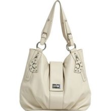 Clover Faux Leather Large Handbag W/ Turn Lock & Stud Accents - Sand Beige