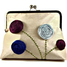 Clutch bag cream silk, handmade wine blue silk rosettes, kiss lock clasp, spring wedding, bridesmaid, bridal