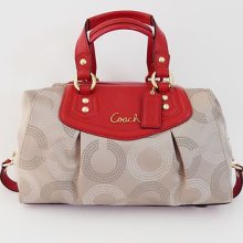 Coach Ashley Dotted Op Art Satchel/ Handbag F20027 Khaki/ Cherry