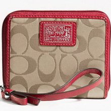 Coach Coach Daisy Signature Zip Around Wallet Wristlet Khaki Red F48148