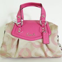 Coach F20027 Dotted Ashley Op Art Purse Satchel Khaki/fuchsia Handbag