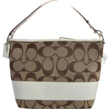 Coach Signature Stripe Large Shoulder Bag Kh/White (HB01416)