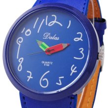 Cool Dark Blue Big Dial Pu Leather Band Lady Girl Women Quartz Sport Wrist Watch