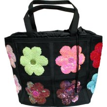 Cotton Sequined Floral Purse, Black