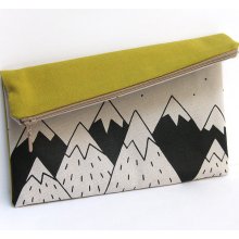 Cotton zipper pouch, toilet bag, handbag screen printed. Mountains Illustration