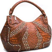 Croco & Ostrich Texture Rhinestone Studded Hobo Handbag - Camel - Leather-Like - Brown