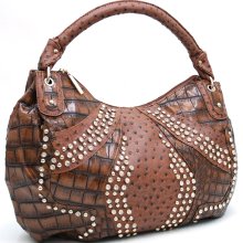 Croco & Ostrich Texture Rhinestone Studded Hobo Handbag - Brown - Leather-Like - Dark Brown