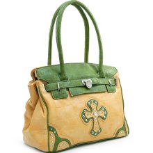 Croco Textured Mustard & Green Fashion Tote w/ Rhinestone Cross - Leather-Like - Yellow