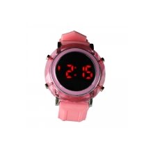 Crystal Shell Silicone Band Digital Red LED Light Sports Style Round Mirror Steel Face Wrist Watch Pink