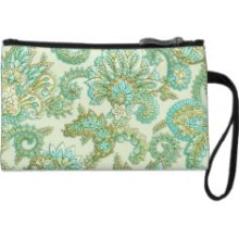 Cute Aqua Gold Paisley Floral Pattern Wristlet Purses