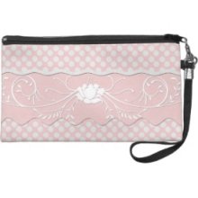 Cute Girly Pale Pink and White Polkadot and Rose Wristlet Clutches