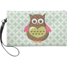 Cute Green White Owl and Retro Pattern Wristlet