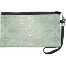 Cute Pastel Green and Silvery White Damask Wristlet Clutch