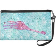 Cute pink tall Giraffe long neck teal blue glitter Wristlet Purse