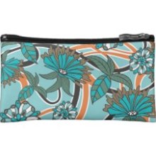 Cute Retro Aqua Orange Floral Makeup Bag