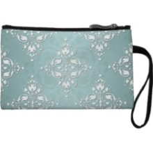 Cute Teal Blue and white Damask Wristlet Clutch