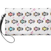 Cute Whimsical Penguins Floral Geometric Pattern Wristlet Clutch