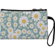 Cute White Daisies on Dusty Teal Blue Green Wristlet Clutches