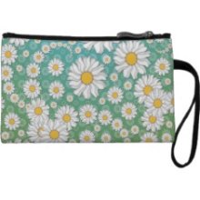 Cute White Daisies on Blue Green Wristlet Purses