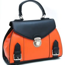 Dasein Petite Two-toned Satchel W/ Buckle Accents - Orange/black