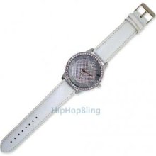 Deep Dial Bling Bling White Leather Watch