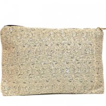 Designer Inspired Beige Sequin Gold Tone Zip Clutch