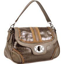 Designer inspired croco embossed 2 tone shoulder bag with fashion trim