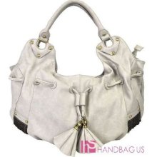 Designer Inspired Drawstring Tassel Purse Hobo Lt Gray